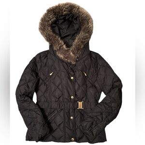 Express faux fur hooded black quilted coat. Cute details and belt. Size large.